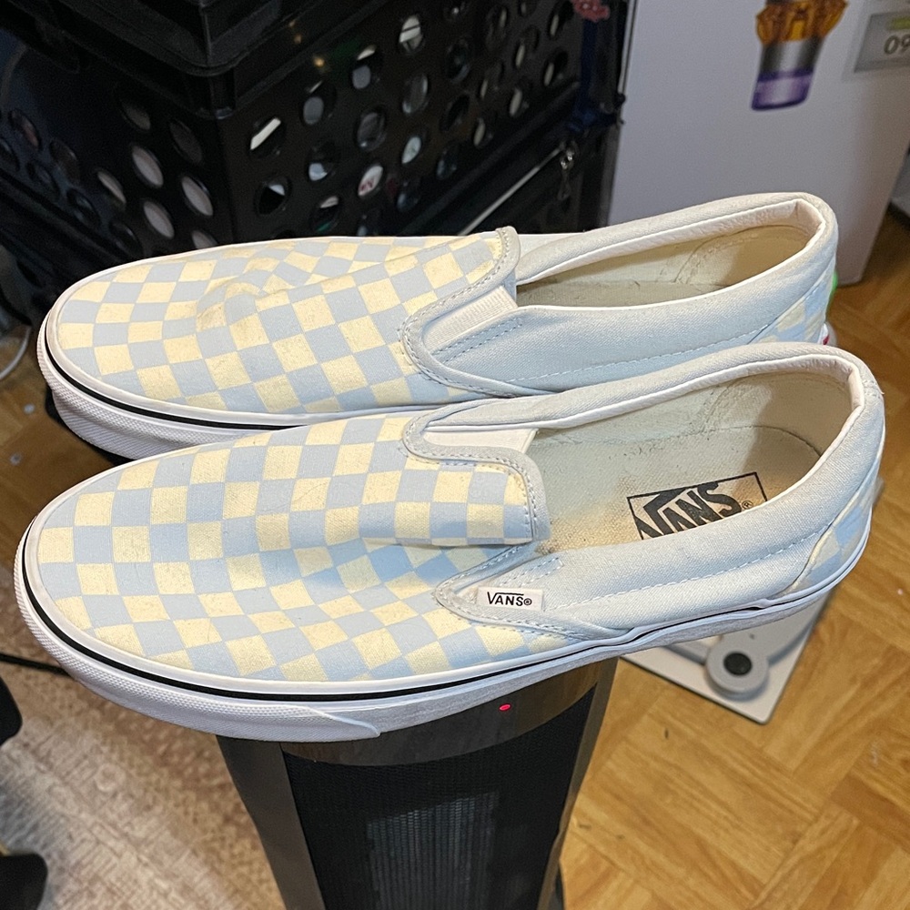 Vans Light Blue and Cream Checkered Slip-Ons
